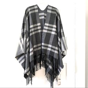 Siizu Black and White Plaid Poncho Wrap